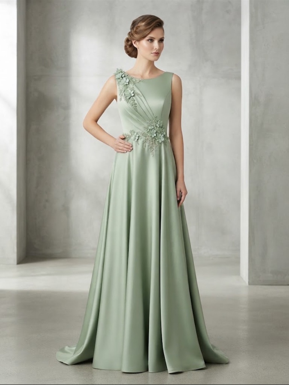 NWT Mac Duggal Sage Green Beaded Floral Applique A-Line Formal Gown Size 14